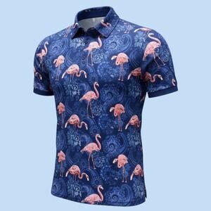 New Daupanzees Polo Shirt Men XL Blue Flamingo BirdsPaisley Print Short Sleeve